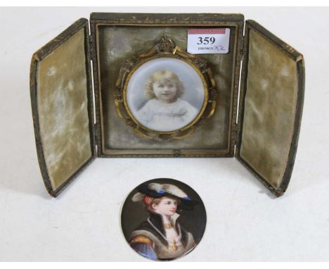 Continental school, early 20th century, portrait of a lady in feathered hat, painted on porcelain, 8x6.5cm; together with an 