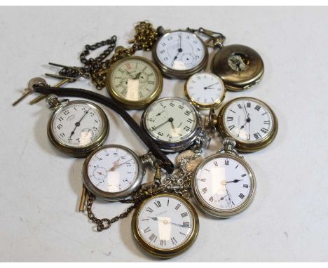 An early 20th century nickel cased open faced pocket watch, having an enamelled dial with Roman numerals and subsidiary secon