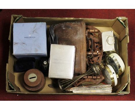 A box of miscellaneous items, to include various travel clocks, Ordnance Survey maps, money-box etc