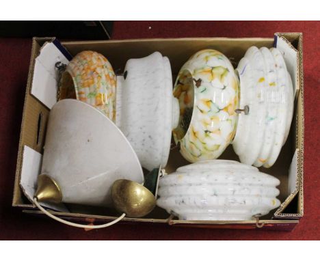 A box of assorted 1930s and later moulded glass ceiling light shadesCondition report: Metal tarnished to single conical lamp 