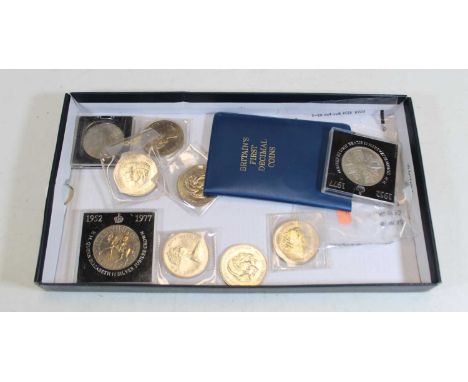 A set of Britain's first decimal coins in folder; together with various commemorative crowns, to include silver jubilee examp