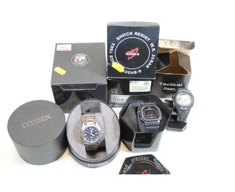 A gent's Citizen Ecodrive Titanium WR100 steel cased wristwatch, the enamelled dial with baton markers and Arabic numerals, i