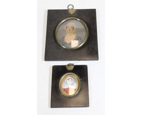 Continental school - miniature portrait of a lady in bonnet and dress, within ebonised frame, 10 x 8cm; together with one oth