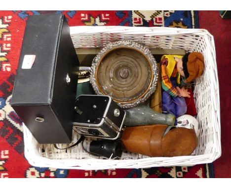 A box containing miscellaneous items, to include a pair of binoculars, table lighter, Sheffield plated wine coaster etc 