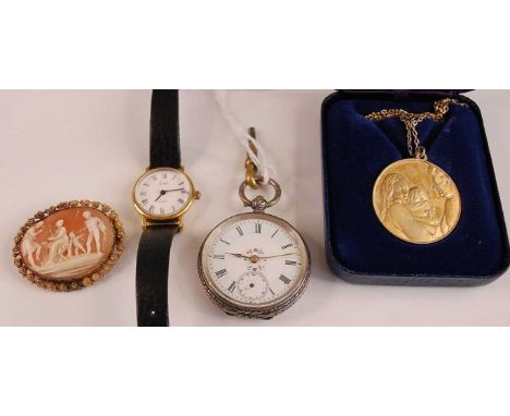 A continental lady's silver cased open faced pocket watch, with unsigned white enamel dial; together with a lady's quartz wri