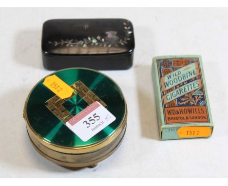 A Victorian papier-mâché and mother of pearl inlaid pocket snuff box; together with a lady's gilt metal trinket box by Margar
