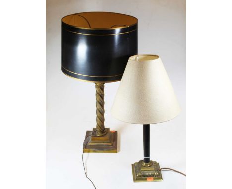 A 20th century brass table lamp, in the form of a Corinthian column, on a stepped plinth base, h.56cm (including shade); toge