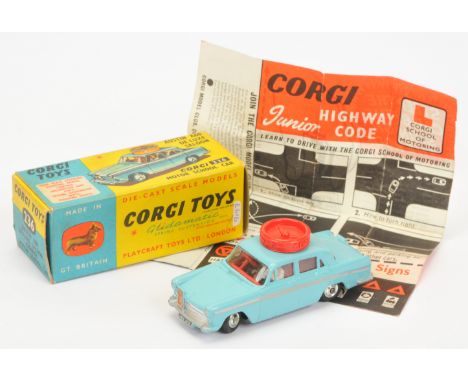 Corgi Toys 236 Austin A60 "Motor School" - Light blue body with silver trim and side flashes, red interior and roof turning d