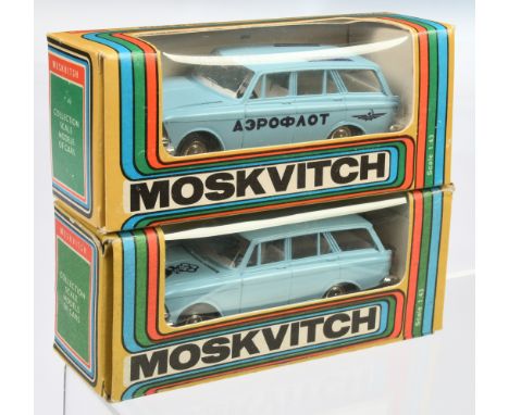 Russian made (USSR) Moskvitch&nbsp; Estate Car (1/43rd) A Pair -(1) Light Blue "Mockba 1985" Bonnet and (2) Light blue "Airpo