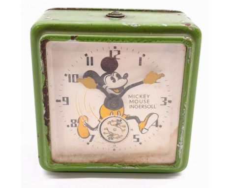 Ingersoll Disney Micky Mouse Alarm Clock, British version, untested, chips to paint work and edge of glass; Fair Plus to Good