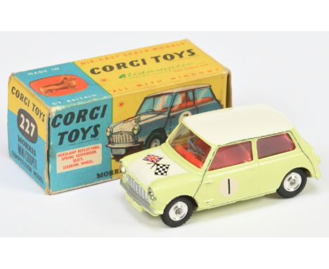 Corgi Toys 227 Morris Mini Cooper "Competition Model" - Primrose yellow (lemon) , white roof and bonnet, red interior, silver