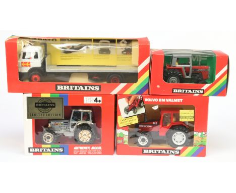 Britains Farm related Group Of 4 - (1) 9515 Volvo BM Valmet, (2) 9529 Massey Ferguson 5965 Double Rear Wheels, (3) 9582 Flatb