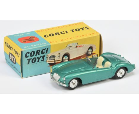 Corgi Toys 302 MGA Sports Car - Metallic Green, cream seats, silver trim and spun hubs - Near Mint beautiful example in a Goo