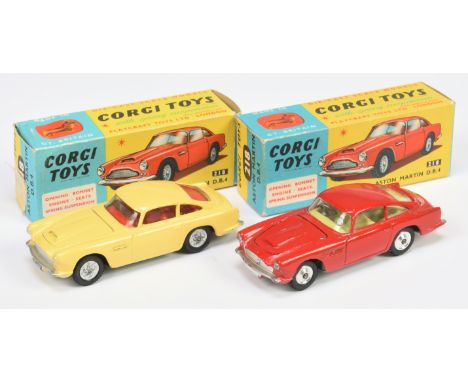 Corgi Toys A Pair 218 Aston Martin DB4 - (1) yellow body, red interior, silver trim, criss-cross cast hubs and open vent, (2)
