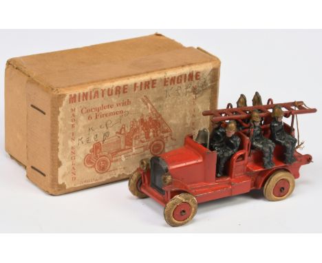 Johillco Pre-War Fire Engine - Bright red including hubs, with ladder and 6 x Fireman figures - Fair to Good nice bright exam