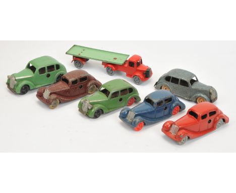 Brimtoy Pocketoy group; six x saloons, one x flat bed truck, clockwork (untested), MISSING keys, paint chips throughout and c