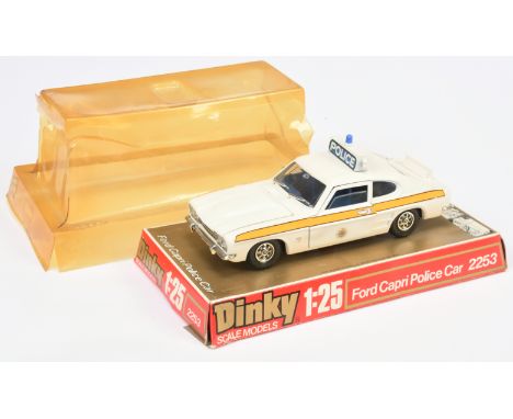 Dinky Toys (1/25th) Ford Capri MK1 "Police" Car - White body, dark blue interior, chrome trim with roof box and light - Good 