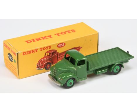 Dinky Toys 422 Fordson Thames Flat truck - Green cab, chassis and back, mid-green rigid hubs, silver trim and with tow hook -