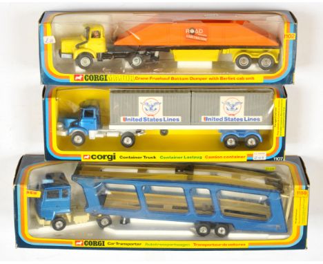 Corgi Toys A Group Of 3 - (1) 1102 Berliet Bottom Dumper - Yellow, orange and black, cast hubs, (2) 1107 Berliet With 2 X "Un