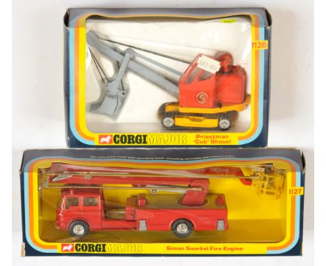 Corgi Toys A Pair - (1) 1127 Bedford Simon Snorkel Fire Engine - Red body, silver platforms, lemon interior, yellow basket - 