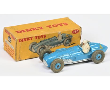 Dinky Toys 230 Talbot Lago Racing Car - Mid-blue including rigid hubs with grey tyres, silver trim and yellow racing No.4 - G