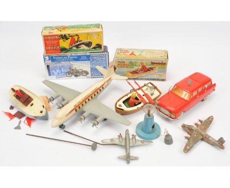 Tinplate and plastic group including: (1) Mettoy Vickers Viscount Airliner "British European Airways", friction powered; (2) 