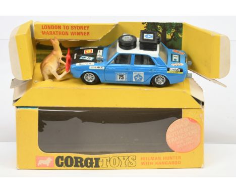 Corgi Toys 302 Hillman Hunter "London To Sydney" Marathon Winner - Blue, white roof, black bonnet, Golden Jacks Take-off Whee