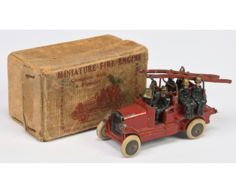 Johillco Pre-War Fire Engine - dark red with black hubs, with ladder and 6 x Fireman figures - Fair bright example inclining 