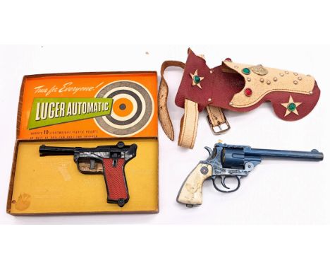 Toy Gun pair including: (1) Lone Star Range Rider, cast metal, with holster; (2) Bell Products (UK) Luger Automatic, plastic,