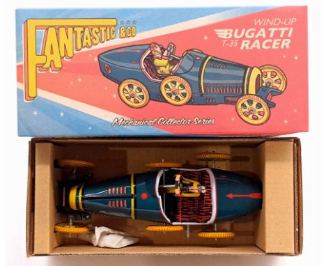 Bugatti Racer, made in China, modern issue tinplate toy, clockwork with key (untested), within Good Plus box, Excellent.