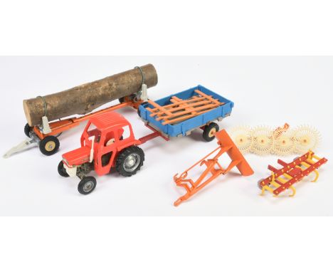 Britains Unboxed Group Of Farm Related To Include - Massey Ferguson 135 Tractor - Red and white, Log Carrier trailer - Orange