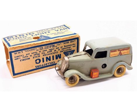 Triang Minic Pre War Ford Light Van, clockwork (MISSING key), replacement rubber to two wheels, age related wear, within Fair