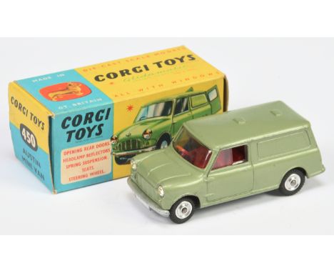 Corgi Toys 450 Austin Mini Van - Metallic green, red interior, silver trim and spun hubs - Good Plus bright example in a Good