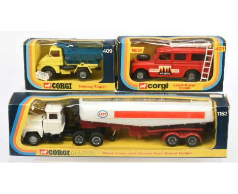Corgi Toys Group Of 3 To Include - 409 Mercedes Tipper - yellow and blue, 421 Land Rover LWB "fire" - red (damaged Ladder) an