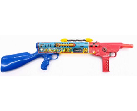 Marx Toys Tom Corbett Space Cadet Gun, plastic handles with tinplate body, large crack to handle and glue repair (please see 