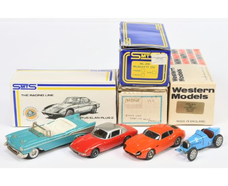 White Metal &amp; Resin Group Of 4 - (1) Western Models WMS 44X&nbsp; Chevrolet - Blue, (2) SMTS Bugatti Type 35 - French Blu