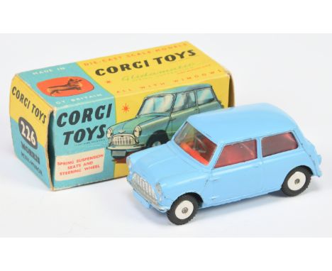 Corgi Toys 226 Morris Mini Minor - Light blue, red interior, silver trim and flat spun hubs - Good to Good Plus in a Good blu