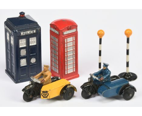 Dinky Toys 753 Unboxed Group To Include - "Police" 7 Public Telephone boxes, 2 X Beacons, "AA &amp; RAC" Motorcycle and Sidec