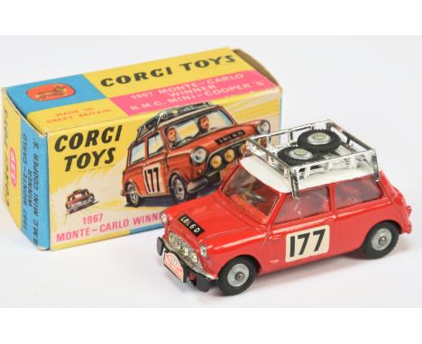 Corgi Toys 339 BMC Mini Cooper S "Rallye Monte Carlo" - Red body and interior, white roof with chrome rack and spare cast hub