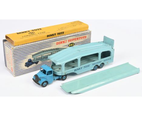 Dinky Toys 982 Bedford Pullmore car Transporter - Mid-blue cab, rigid and supertoy hubs, light blue twin rivet Trailer - Good