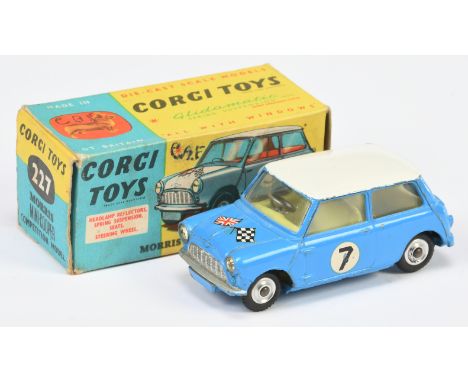 Corgi Toys 227 Morris Mini Cooper "Competition Model" - blue, including bonnet (harder to find variation) white roof, lemon i