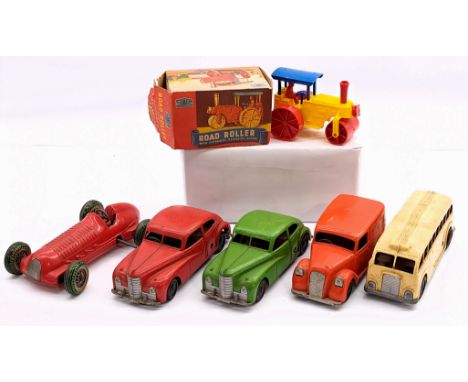 Mettoy vehicle group x six including: (1) Boxed Road Roller; (2) Royal Mail Van; (3) red Racecar; (4) Coach; (5-6) Jowett Jav