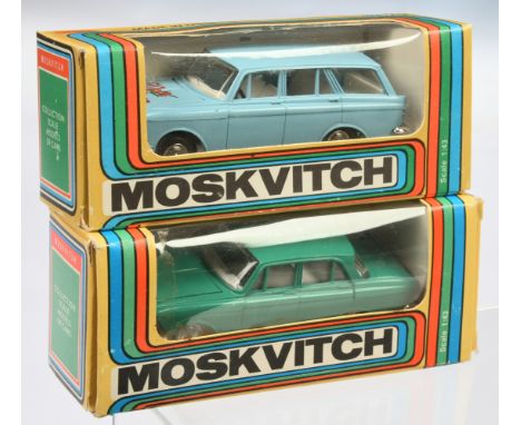 Russian made (USSR) Moskvitch&nbsp; (1/43rd) A Pair -(1) Green body, (2) Estate - Light blue with "1917 -1987" - See-Photo&nb