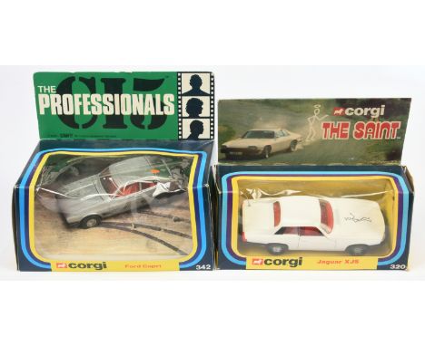 Corgi Toys A Pair - (1) 320 "The Saint" Jaguar XJS - White and black, red interior, dish wheels, grey aerial and (2) 342 "The