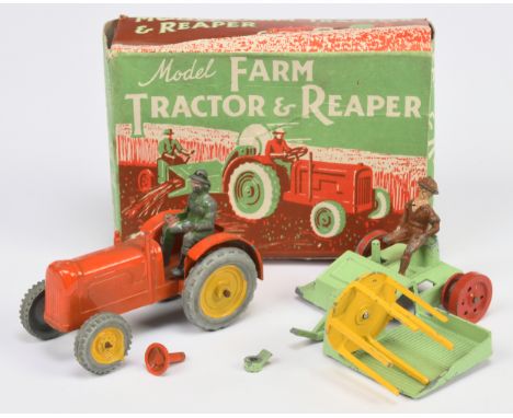 Charbens Farm tractor and Reaper - Orange tractor with yellow and silver metal wheels, Pale Green, red and yellow reaper with