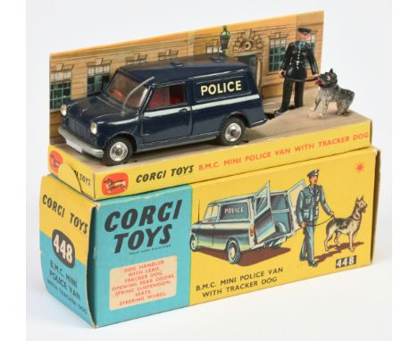 Corgi Toys 448 Austin Mini "Police" Van - Dark blue, red interior, silver trim, spun hubs and aerial - Good Plus (requires ve