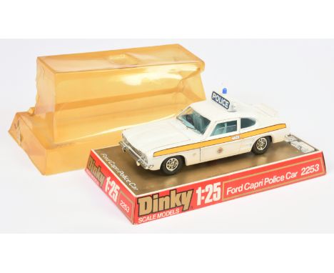 Dinky Toys (1/25th) Ford Capri MK1 "Police" Car - White body, light blue interior, chrome trim with roof box and light - Good