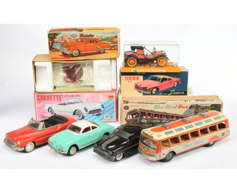 Tinplate boxed vehicles including: (1) Schuco Old Timer Opel, within plastic display case; (2) Modern Toys (Japan) Blue Bird 