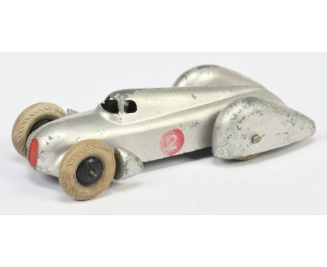 Dinky Toys 23d Auto Union Racing Car - Silver body, red grille and racing No.2, black rigid hubs with white herringbone tyres