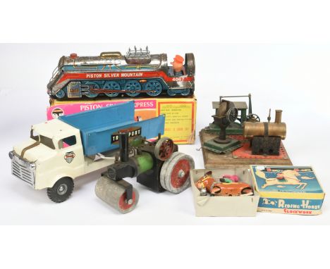 Mixed group including: Mamod steam roller, Mamod steam engine on wooden base, Triang pressed steel tipper truck, Piston Slive